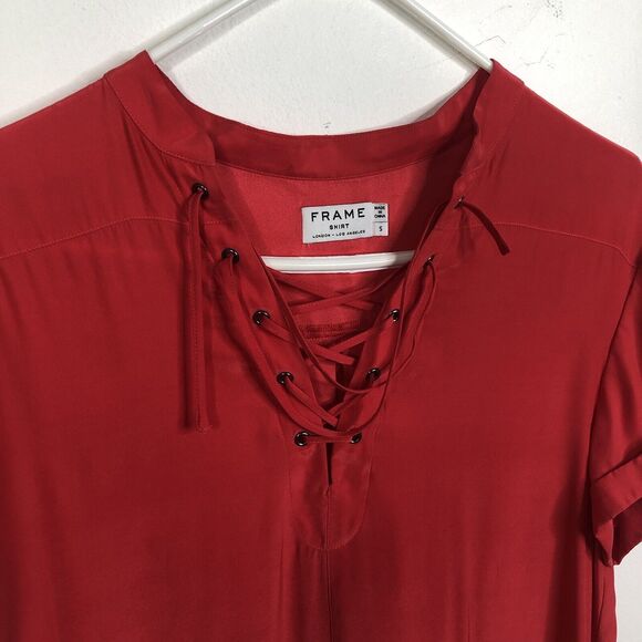 FRAME 100% Silk Blood Orange Lace Up Mini Shirt Dress W/ Pockets Size Small - Picture 3 of 11